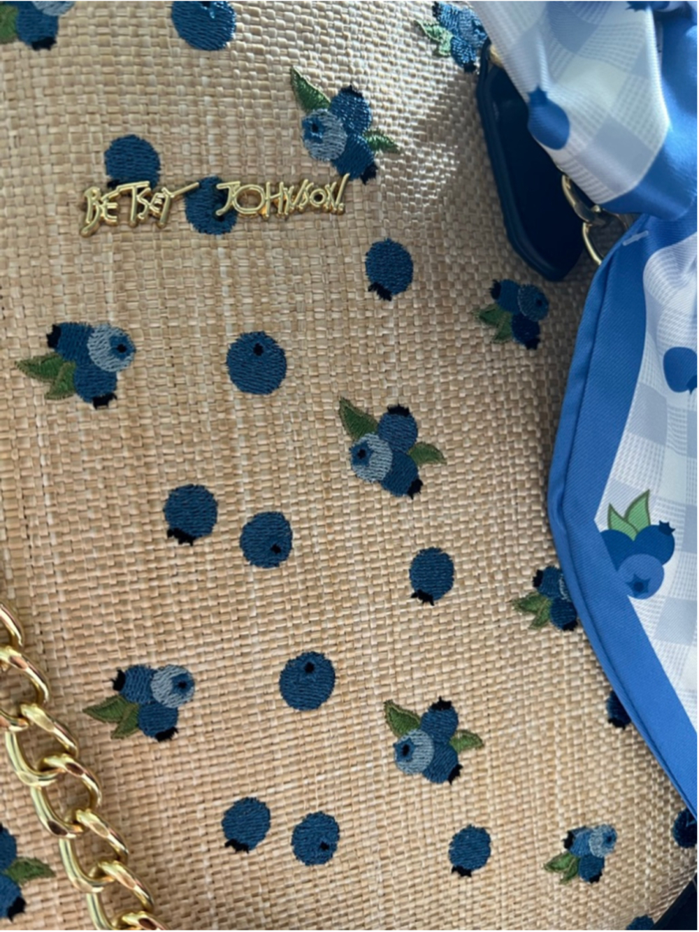 Women's Betsey Johnson Tote Bag One Size Beige Blue Blueberry Print - Picture 11 of 11